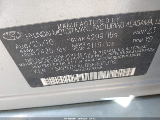 2011 Hyundai Sonata Gls მანქანა იყიდება აუქციონზე, vin: 5NPEB4AC8BH138309, აუქციონის ნომერი: 45900554