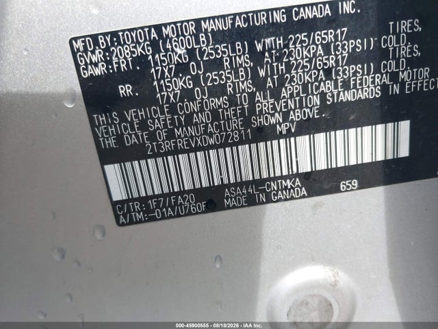 45900555 :رقم المزاد ، 2T3RFREVXDW072811 vin ، 2013 Toyota Rav4 Xle مزاد بيع
