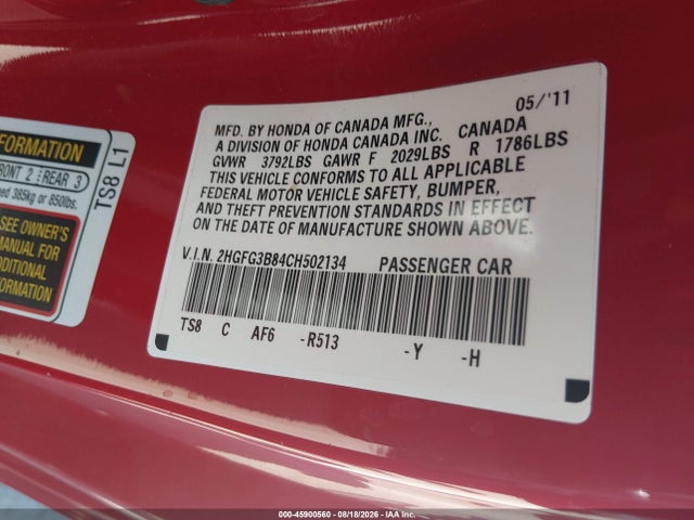 45900560 :رقم المزاد ، 2HGFG3B84CH502134 vin ، 2012 Honda Civic Ex مزاد بيع