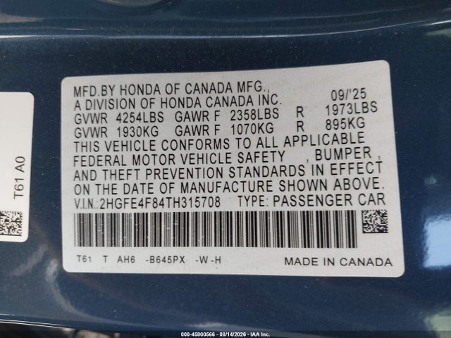 Aukcja sprzedaży 2026 Honda Civic Hybrid Sport/sport Touring, vin: 2HGFE4F84TH315708, numer aukcji: 45900566