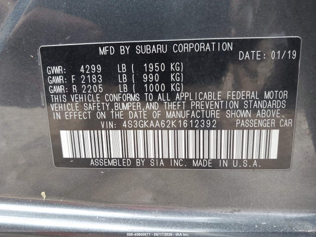 Aukcja sprzedaży 2019 Subaru Impreza 2.0i, vin: 4S3GKAA62K1612392, numer aukcji: 45900571