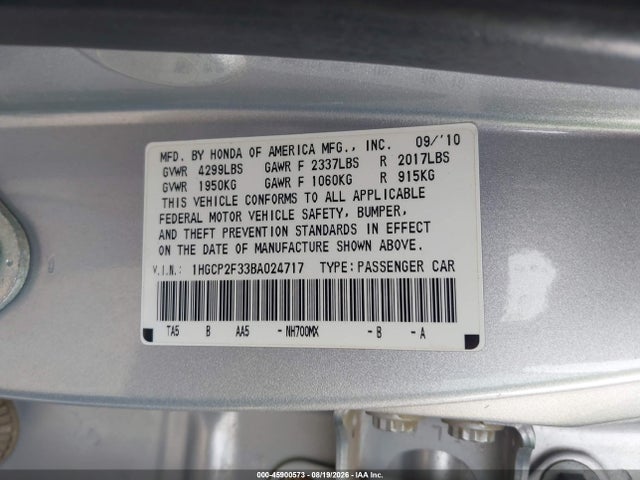Aukcja sprzedaży 2011 Honda Accord 2.4 Lx, vin: 1HGCP2F33BA024717, numer aukcji: 45900573