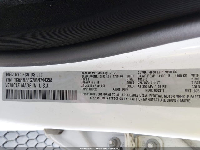2021 Ram 1500 Big Horn  4x4 5'7 Box მანქანა იყიდება აუქციონზე, vin: 1C6RRFFG7MN744358, აუქციონის ნომერი: 45900575