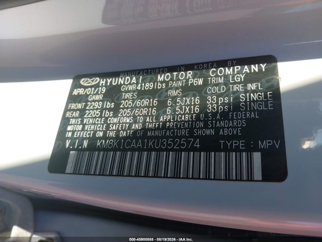 Aukcja sprzedaży 2019 Hyundai Kona Se, vin: KM8K1CAA1KU352574, numer aukcji: 45900588