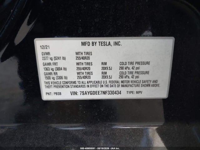 Aukcja sprzedaży 2022 Tesla Model Y Long Range Dual Motor All-wheel Drive, vin: 7SAYGDEE7NF330434, numer aukcji: 45900591