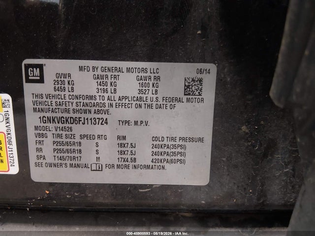 Aukcja sprzedaży 2015 Chevrolet Traverse Lt, vin: 1GNKVGKD6FJ113724, numer aukcji: 45900593