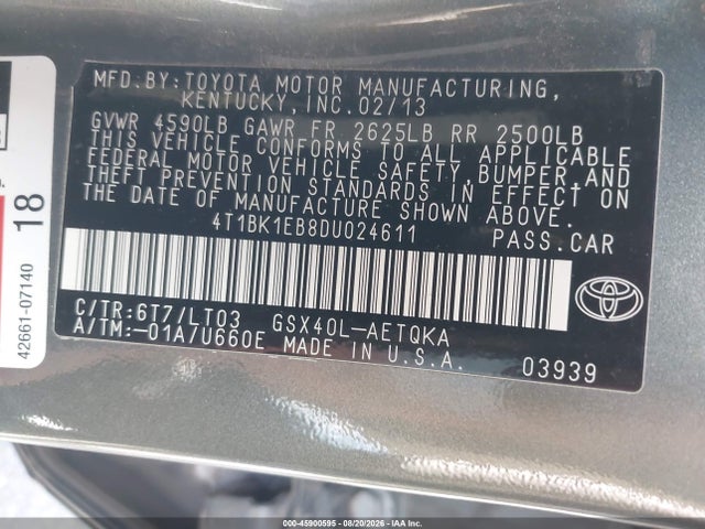 2013 Toyota Avalon Xle Touring მანქანა იყიდება აუქციონზე, vin: 4T1BK1EB8DU024611, აუქციონის ნომერი: 45900595