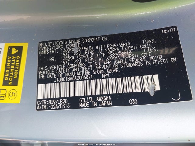 Продажа на аукционе авто 2010 Lexus Rx 450h, vin: JTJBC1BA8A2006871, номер лота: 45900596