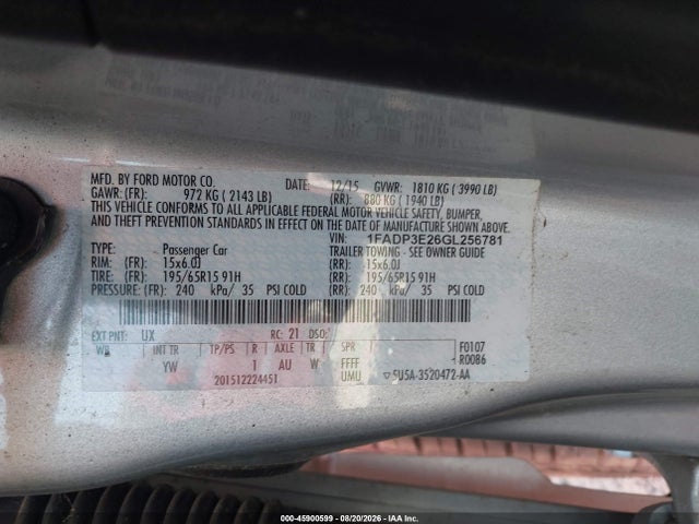 Aukcja sprzedaży 2016 Ford Focus S, vin: 1FADP3E26GL256781, numer aukcji: 45900599