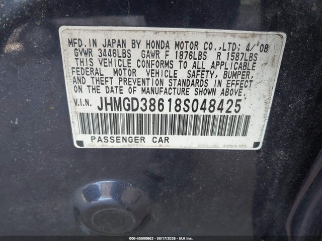 2008 Honda Fit Sport მანქანა იყიდება აუქციონზე, vin: JHMGD38618S048425, აუქციონის ნომერი: 45900602