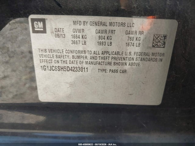 45900622 :رقم المزاد ، 1G1JC6SH5D4233011 vin ، 2013 Chevrolet Sonic Lt Auto مزاد بيع