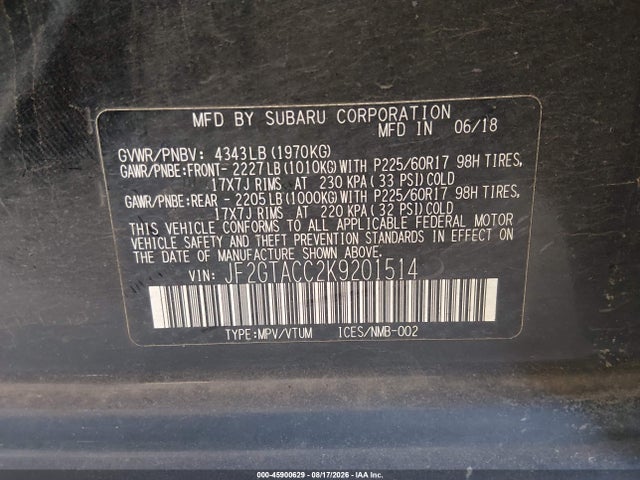 JF2GTACC2K9201514 Subaru Crosstrek 2.0i Premium