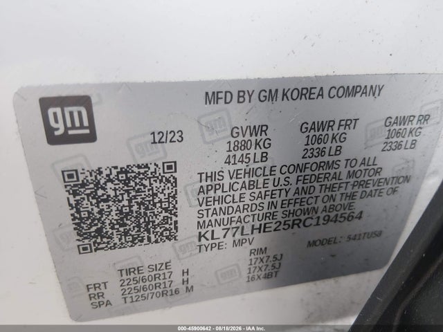 Aukcja sprzedaży 2024 Chevrolet Trax Fwd Lt, vin: KL77LHE25RC194564, numer aukcji: 45900642
