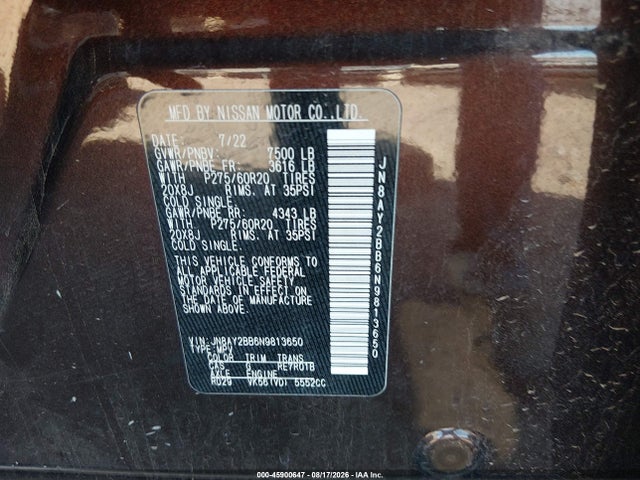 2022 Nissan Armada Sl 4wd მანქანა იყიდება აუქციონზე, vin: JN8AY2BB6N9813650, აუქციონის ნომერი: 45900647