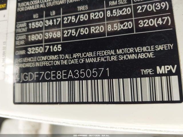 45900660 :رقم المزاد ، 4JGDF7CE8EA350571 vin ، 2014 Mercedes-benz Gl 450 4matic مزاد بيع