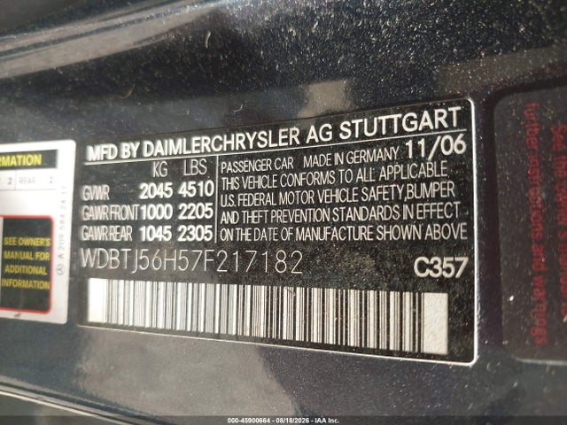 Aukcja sprzedaży 2007 Mercedes-benz Clk 350, vin: WDBTJ56H57F217182, numer aukcji: 45900664