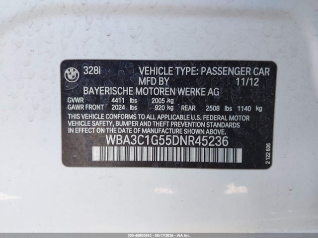 45900682 :رقم المزاد ، WBA3C1G55DNR45236 vin ، 2013 Bmw 328i مزاد بيع