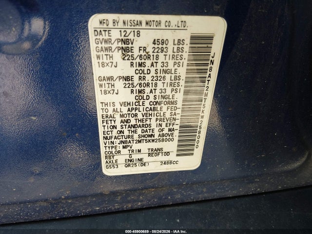 2019 Nissan Rogue Sv მანქანა იყიდება აუქციონზე, vin: JN8AT2MT5KW258000, აუქციონის ნომერი: 45900689