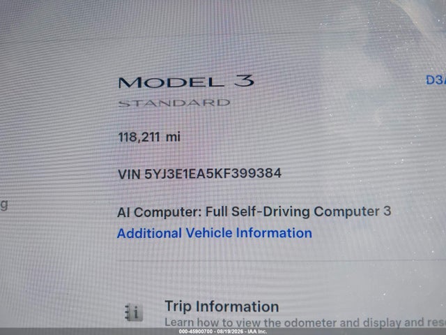 45900700 :رقم المزاد ، 5YJ3E1EA5KF399384 vin ، 2019 Tesla Model 3 Long Range/mid Range/standard Range/standard Range Plus مزاد بيع