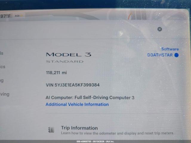 45900700 :رقم المزاد ، 5YJ3E1EA5KF399384 vin ، 2019 Tesla Model 3 Long Range/mid Range/standard Range/standard Range Plus مزاد بيع
