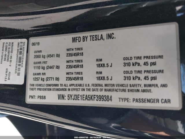 45900700 :رقم المزاد ، 5YJ3E1EA5KF399384 vin ، 2019 Tesla Model 3 Long Range/mid Range/standard Range/standard Range Plus مزاد بيع