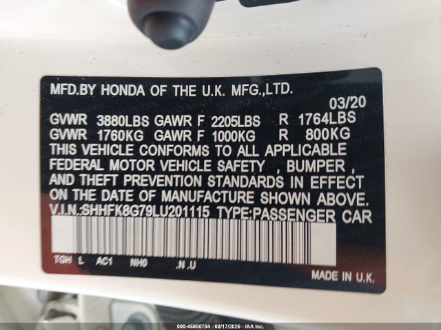 45900704 :رقم المزاد ، SHHFK8G79LU201115 vin ، 2020 Honda Civic Type R Touring مزاد بيع
