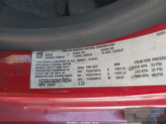 2005 Gmc Canyon Sle მანქანა იყიდება აუქციონზე, vin: 1GTCS136358178264, აუქციონის ნომერი: 45900711