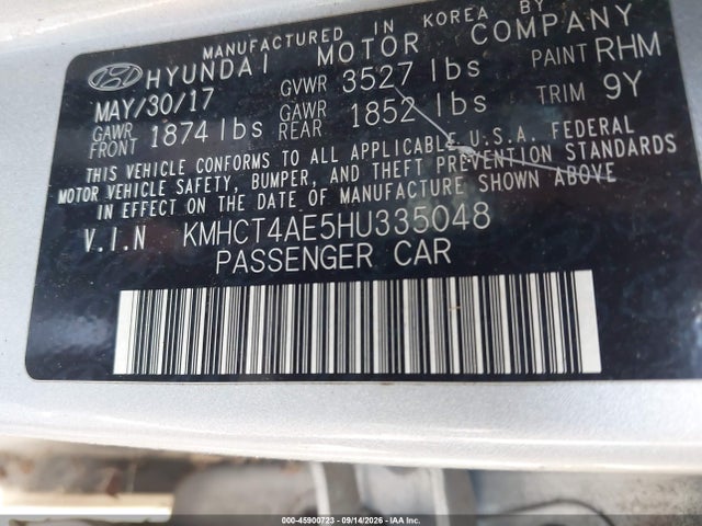 45900723 :رقم المزاد ، KMHCT4AE5HU335048 vin ، 2017 Hyundai Accent Se مزاد بيع