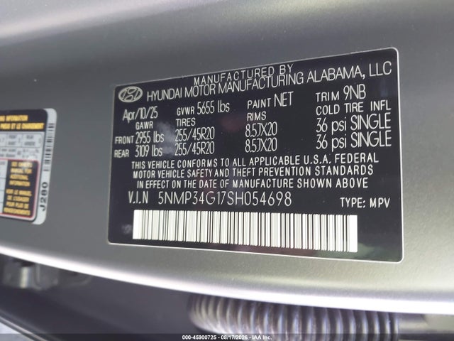 2025 Hyundai Santa Fe Hybrid Limited მანქანა იყიდება აუქციონზე, vin: 5NMP34G17SH054698, აუქციონის ნომერი: 45900725
