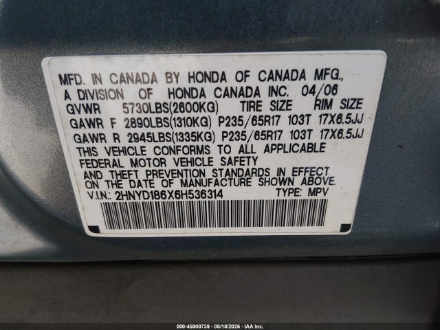 Aukcja sprzedaży 2006 Acura Mdx, vin: 2HNYD186X6H536314, numer aukcji: 45900739
