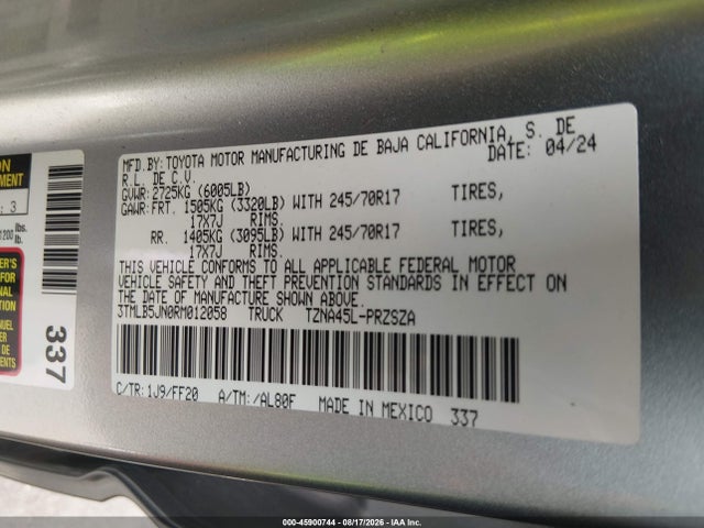 45900744 :رقم المزاد ، 3TMLB5JN0RM012058 vin ، 2024 Toyota Tacoma Sr5 مزاد بيع