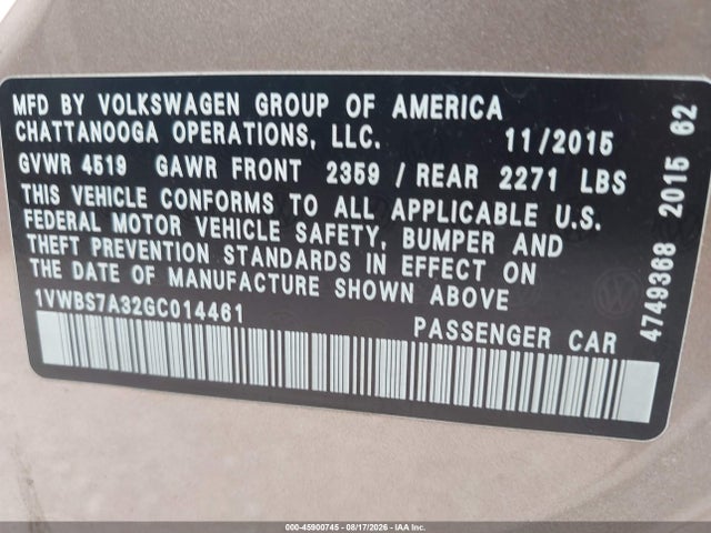 45900745 :رقم المزاد ، 1VWBS7A32GC014461 vin ، 2016 Volkswagen Passat 1.8t Se مزاد بيع