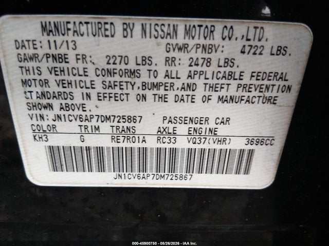 45900750 :رقم المزاد ، JN1CV6AP7DM725867 vin ، 2013 Infiniti G37 Journey مزاد بيع