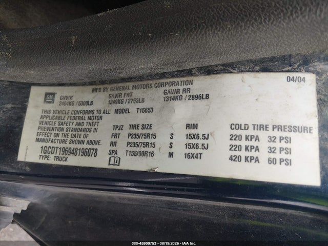 45900753 :رقم المزاد ، 1GCDT196948196078 vin ، 2004 Chevrolet Colorado Ls مزاد بيع