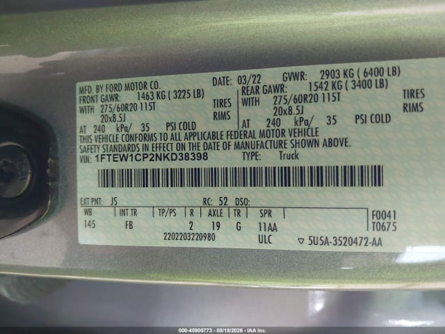 Продажа на аукционе авто 2022 Ford F-150 Xlt, vin: 1FTEW1CP2NKD38398, номер лота: 45900773