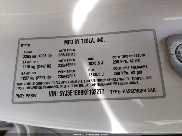 5YJ3E1EB9KF192277 Tesla Model 3 Long Range/performance