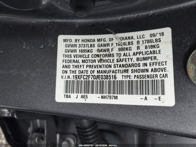 Продаж на аукціоні авто 2018 Honda Civic Ex, vin: 19XFC2F70JE038516, номер лоту: 45900781
