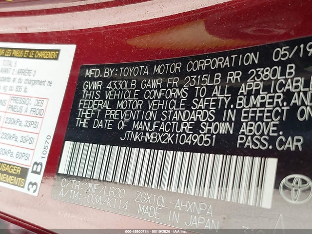 45900784 :رقم المزاد ، JTNKHMBX2K1049051 vin ، 2019 Toyota C-hr Limited مزاد بيع
