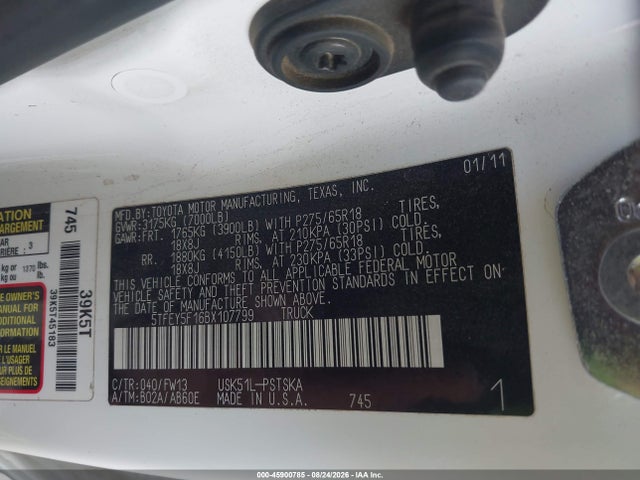 2011 Toyota Tundra Grade 5.7l V8 მანქანა იყიდება აუქციონზე, vin: 5TFEY5F16BX107799, აუქციონის ნომერი: 45900785