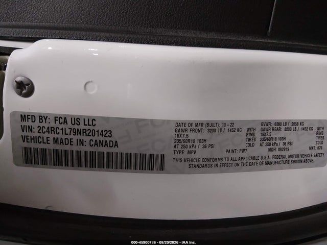 Продаж на аукціоні авто 2022 Chrysler Pacifica Hybrid Touring L, vin: 2C4RC1L79NR201423, номер лоту: 45900786