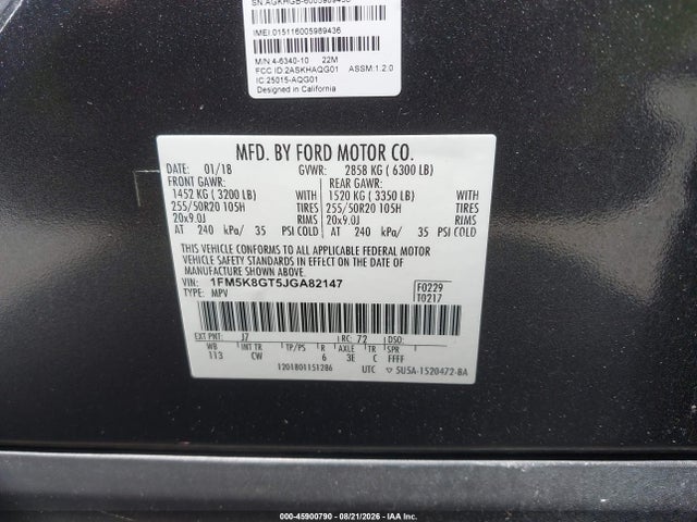45900790 :رقم المزاد ، 1FM5K8GT5JGA82147 vin ، 2018 Ford Explorer Sport مزاد بيع