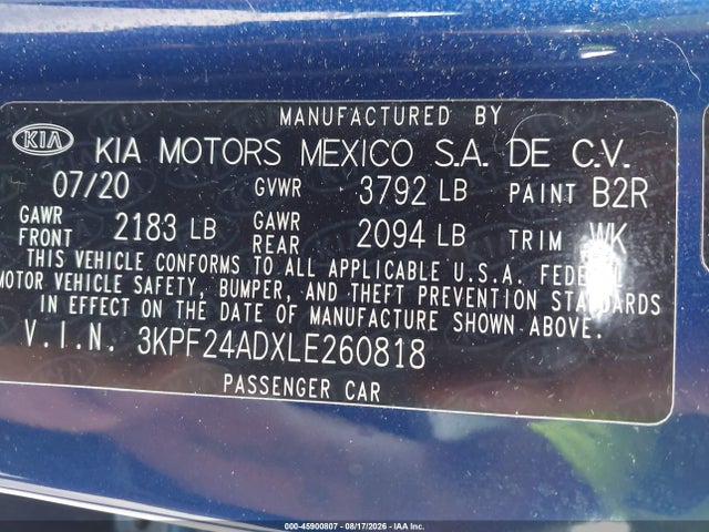 Продаж на аукціоні авто 2020 Kia Forte Lxs, vin: 3KPF24ADXLE260818, номер лоту: 45900807