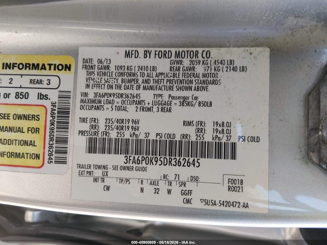 2013 Ford Fusion Titanium მანქანა იყიდება აუქციონზე, vin: 3FA6P0K95DR362645, აუქციონის ნომერი: 45900809