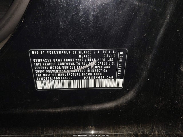 45900834 :رقم المزاد ، 3VWDP7AJ9DM285777 vin ، 2013 Volkswagen Jetta 2.5l Se مزاد بيع