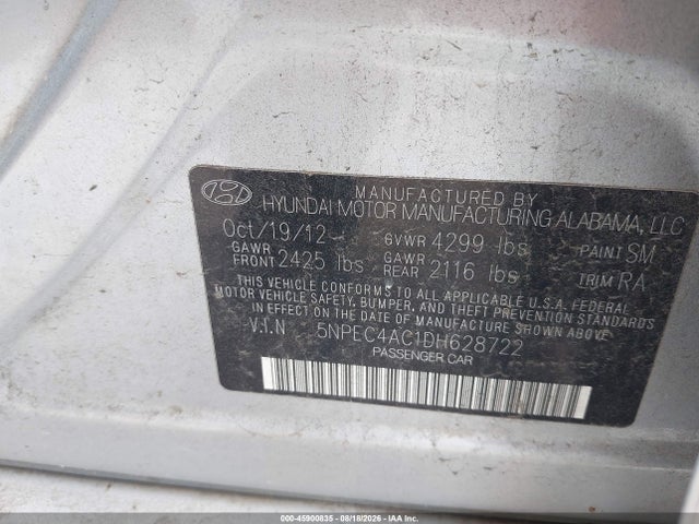 2013 Hyundai Sonata Se მანქანა იყიდება აუქციონზე, vin: 5NPEC4AC1DH628722, აუქციონის ნომერი: 45900835