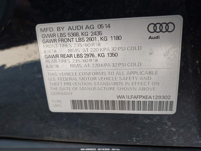 Продажа на аукционе авто 2014 Audi Q5 2.0t Premium, vin: WA1LFAFPXEA129302, номер лота: 45900838