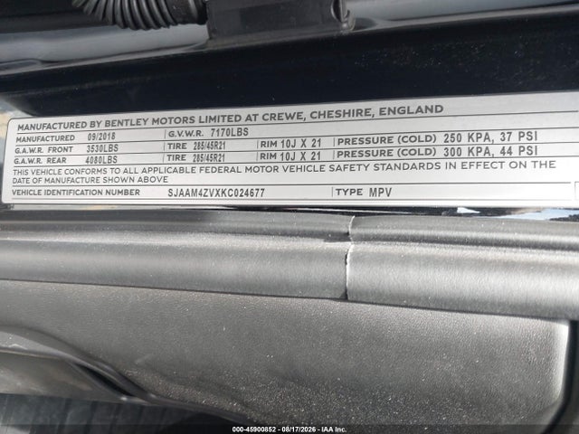 Продажа на аукционе авто 2019 Bentley Bentayga V8, vin: SJAAM4ZVXKC024677, номер лота: 45900852