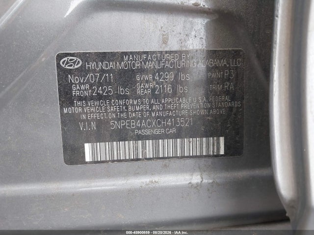 Aukcja sprzedaży 2012 Hyundai Sonata Gls, vin: 5NPEB4ACXCH413521, numer aukcji: 45900859