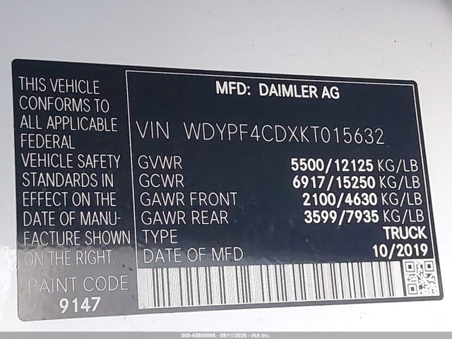 Продажа на аукционе авто 2019 Freightliner Sprinter 3500xd High Roof V6, vin: WDYPF4CDXKT015632, номер лота: 45900866