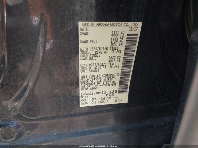 2017 Nissan Titan Platinum Reserve მანქანა იყიდება აუქციონზე, vin: 1N6AA1E53HN531488, აუქციონის ნომერი: 45900867